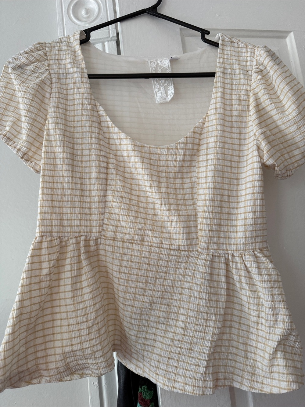 Sadie & Sage Cream and Tan Plaid Peplum Top